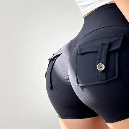 Women’s peach butt cargo yoga pants with air-dry pockets – breathable three-quarter fitness shorts