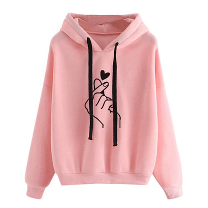 Finger Heart Fleece Hoodie – Korean Style Pullover with Pockets