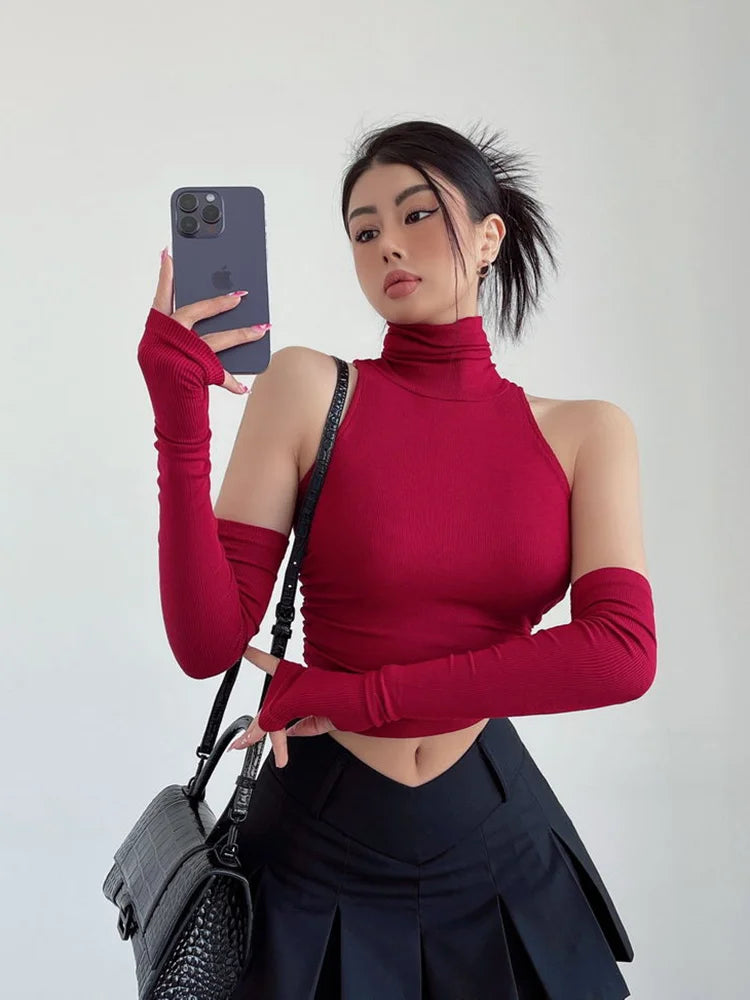 Sexy high neck pleated sleeveless crop tank top for women, Y2K clubwear and streetwear