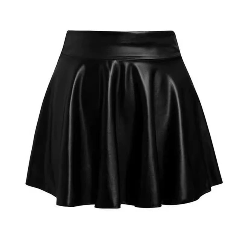 High waist faux leather mini skirt for women – black stretch skater skirt styled for clubwear, work, or casual nights out
