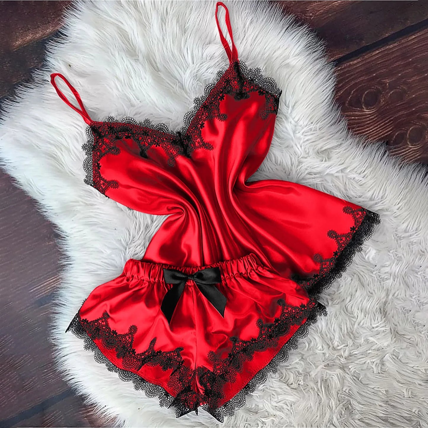 Velvet Camisole & Bow Shorts Sleepwear Set – V-Neck Backless Pajamas for Women