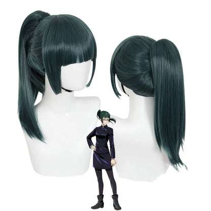 Green anime-style wig with ponytails on a mannequin head, with a character model in the background.