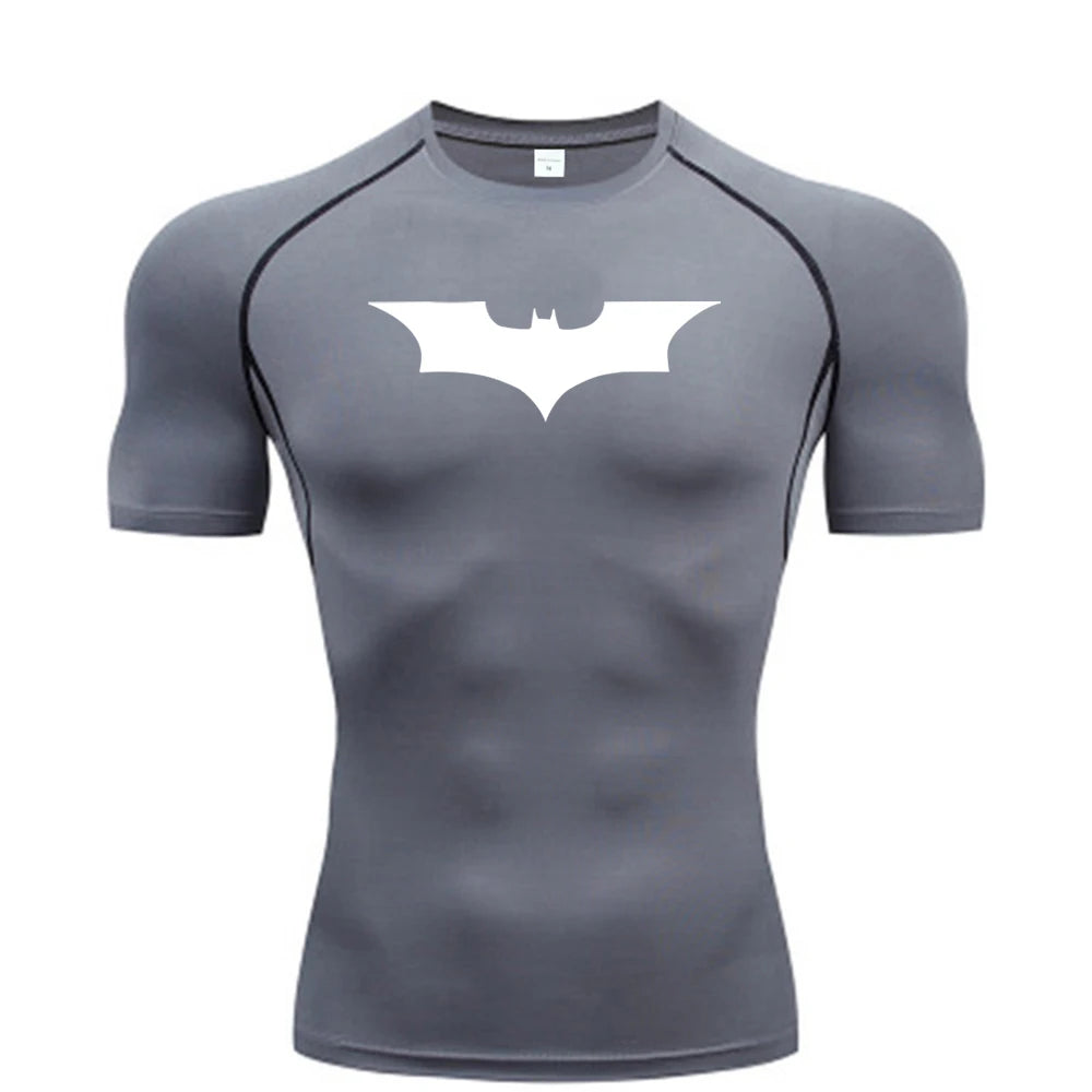 Gray t-shirt with a white bat symbol on a white background
