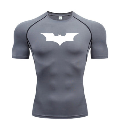 Gray t-shirt with a white bat symbol on a white background