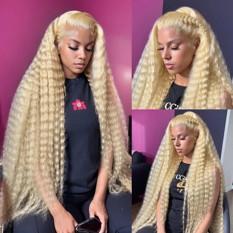 Person with long blonde hair styled in different ways against a pink and purple background.