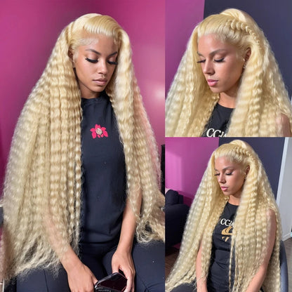Person with long blonde hair styled in different ways against a pink and purple background.