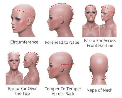 Illustrations of head measurements on mannequin heads with labeled parts.