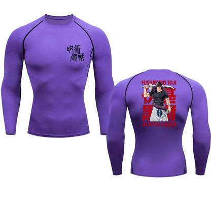 Purple long-sleeve athletic shirt with front and back designs on a white background