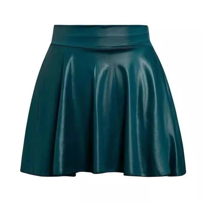 High waist faux leather mini skirt for women – black stretch skater skirt styled for clubwear, work, or casual nights out
