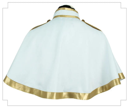 White cape with gold trim on a white background