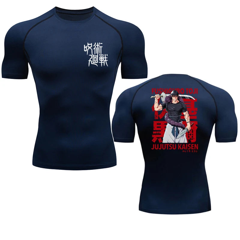 Navy blue t-shirt with 'JuJutsu Kaisen' design on front and back