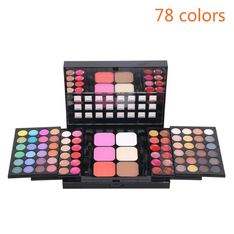 Makeup palette with various colors on a white background