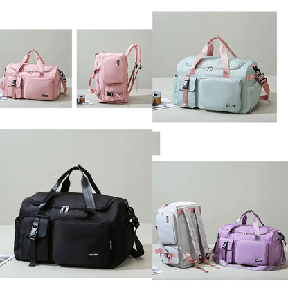 Collage of various bags including pink, black, and purple bags on a neutral background.