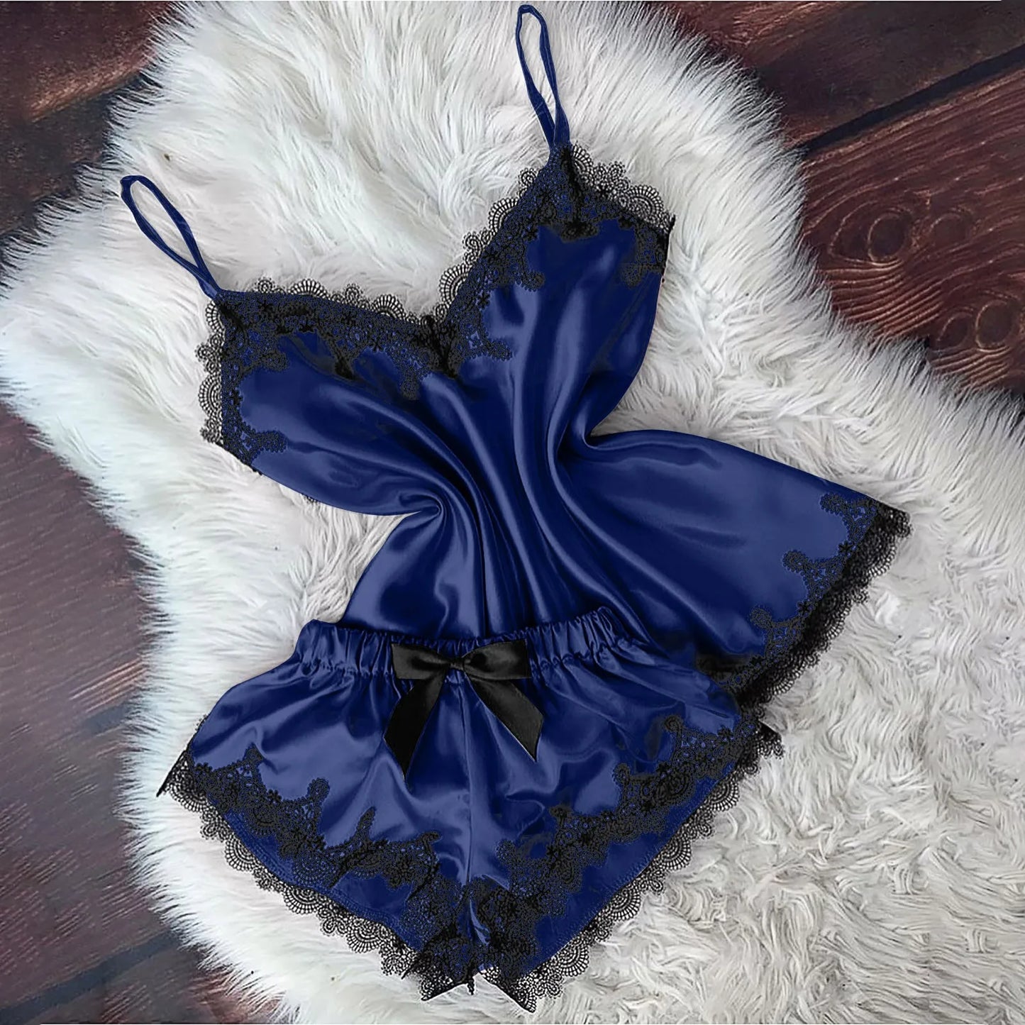 Velvet Camisole & Bow Shorts Sleepwear Set – V-Neck Backless Pajamas for Women
