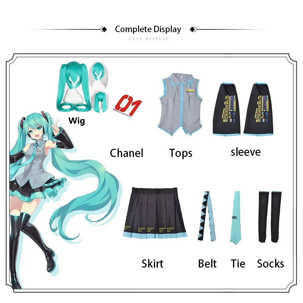 Costume display with various components including a wig, Chanel top, sleeves, skirt, belt, tie, and socks.