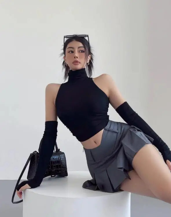Sexy high neck pleated sleeveless crop tank top for women, Y2K clubwear and streetwear