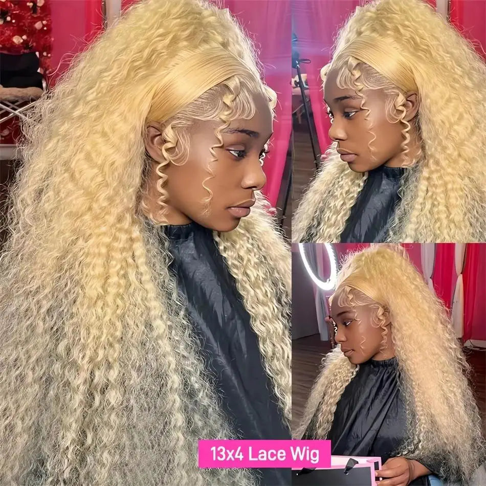 Collage of a person with blonde curly hair styled in a wig, with text '13x4 Lace Wig' displayed.