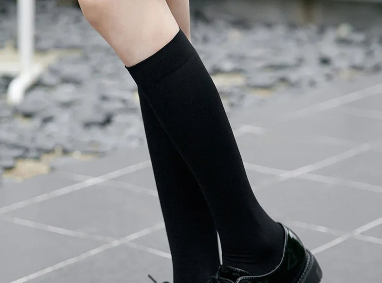 Black and white knee-high Lolita socks for women, thin breathable over-the-knee stockings