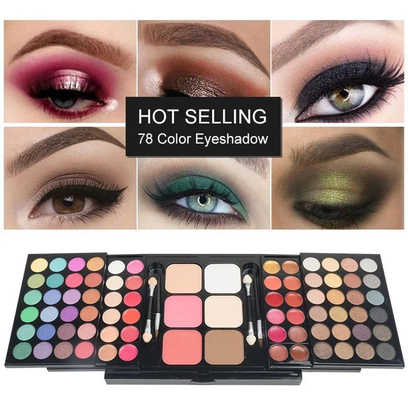 Makeup palette with eyeshadow shades and eye makeup application examples.