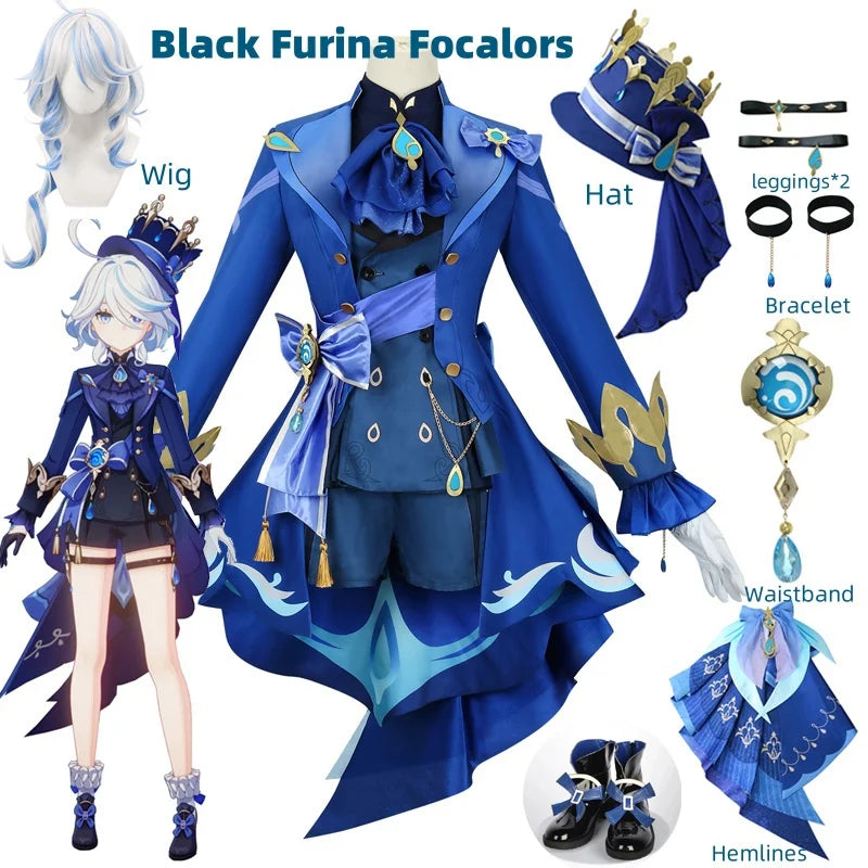 Blue costume with accessories and a model wearing it on a white background