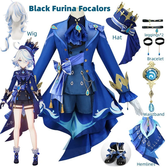 Blue costume with accessories and a model wearing it on a white background