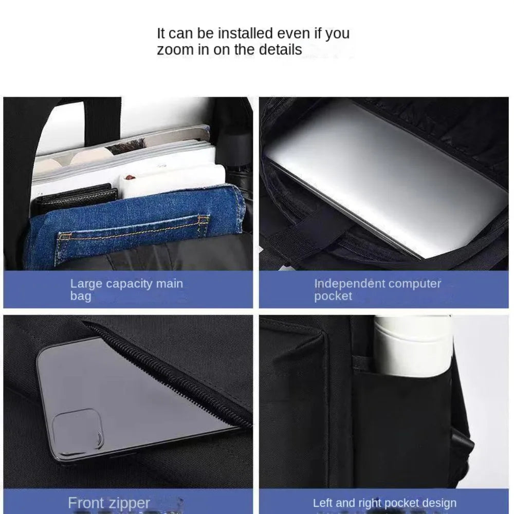Collage of a backpack with features highlighted, including large capacity main bag, independent computer pocket, front zipper, and left and right pocket design.