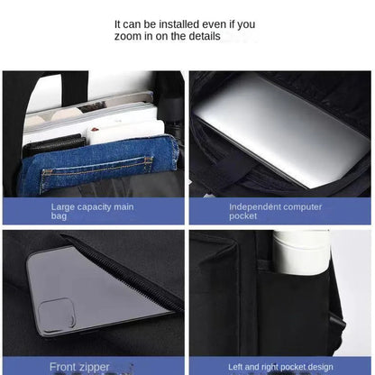 Collage of a backpack with features highlighted, including large capacity main bag, independent computer pocket, front zipper, and left and right pocket design.