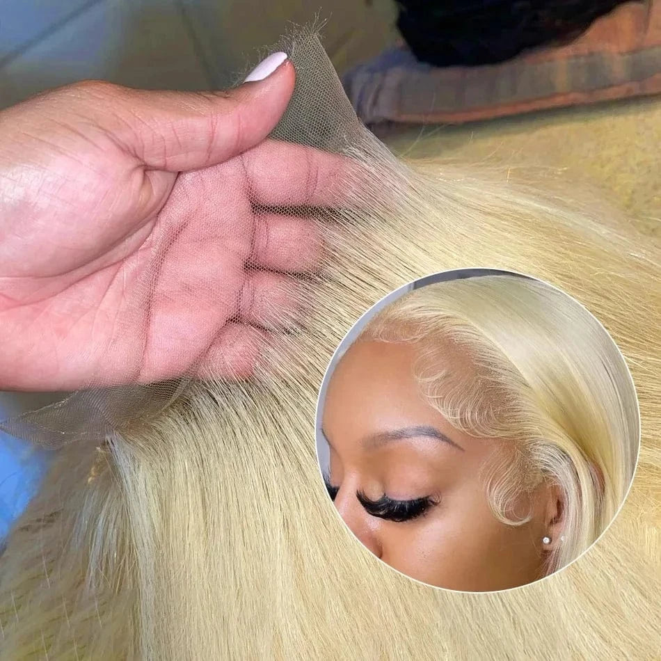 Blonde hair extensions held by a hand with a close-up of a person wearing them.