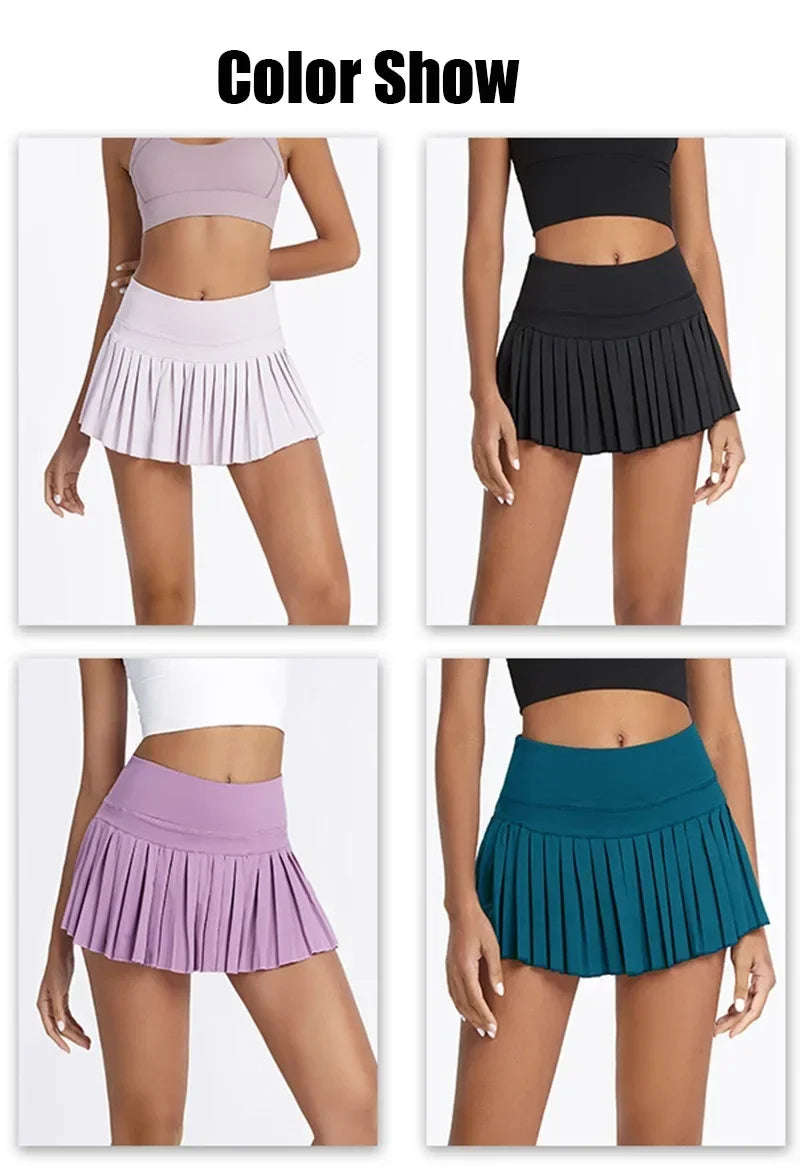 High-waist pleated tennis skirt pants with built-in shorts, breathable and lightweight for summer fitness activities
