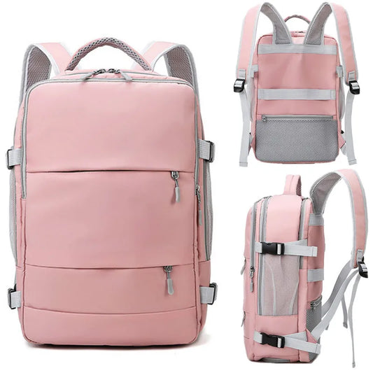 Pink backpack with multiple angles on a white background