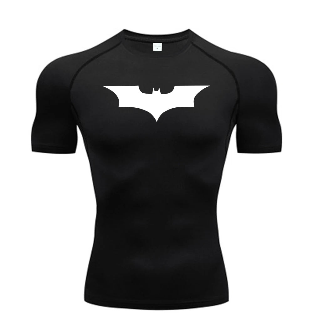 Black t-shirt with a white bat symbol on a white background