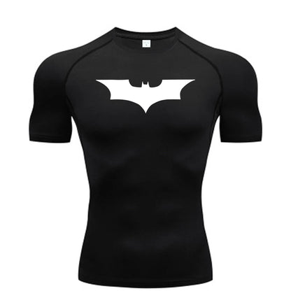 Black t-shirt with a white bat symbol on a white background