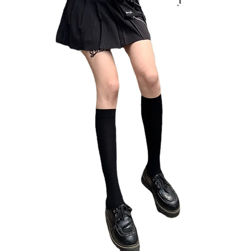 Black and white knee-high Lolita socks for women, thin breathable over-the-knee stockings