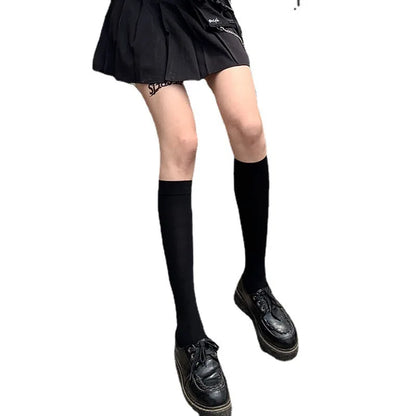 Black and white knee-high Lolita socks for women, thin breathable over-the-knee stockings