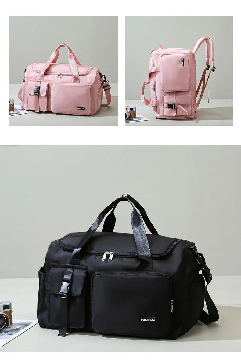 Black duffel bag with pink backpacks on a light gray background