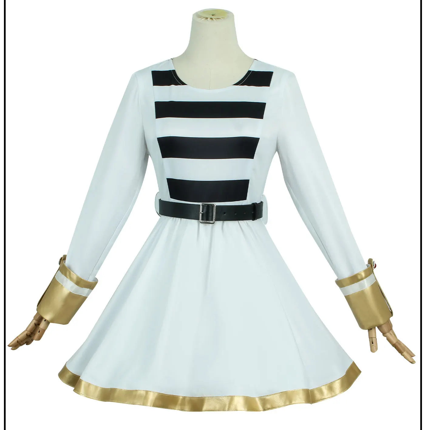 White dress with black and gold accents on a mannequin against a white background