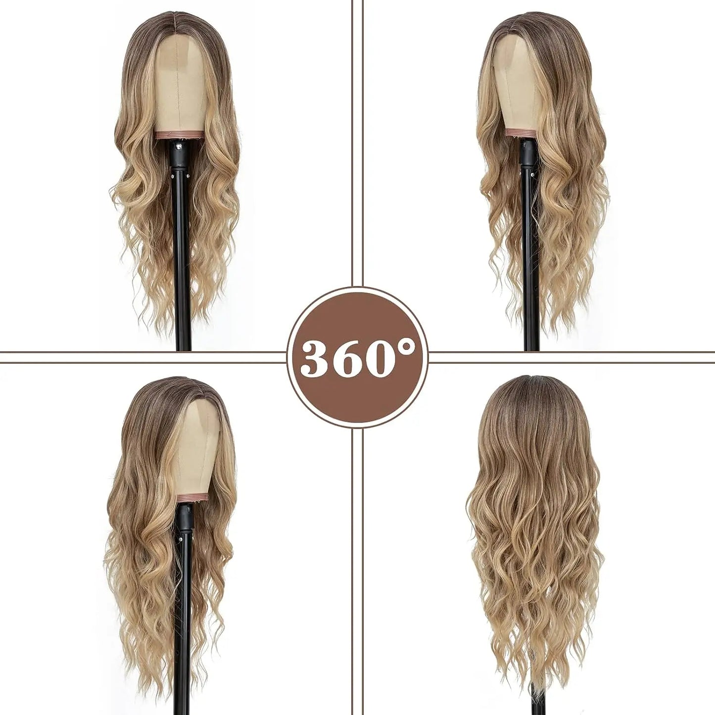 Wavy blonde wig displayed from multiple angles on a white background with '360°' label.