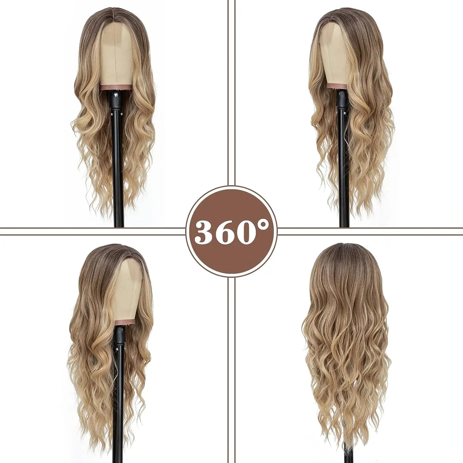 Wavy blonde wig displayed from multiple angles on a white background with '360°' label.