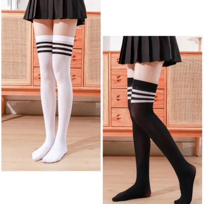 Soft cotton over-the-knee socks for women – breathable thigh-high stockings in black, white, or pink, perfect for school outfits, cosplay, and cozy fall fashion.
