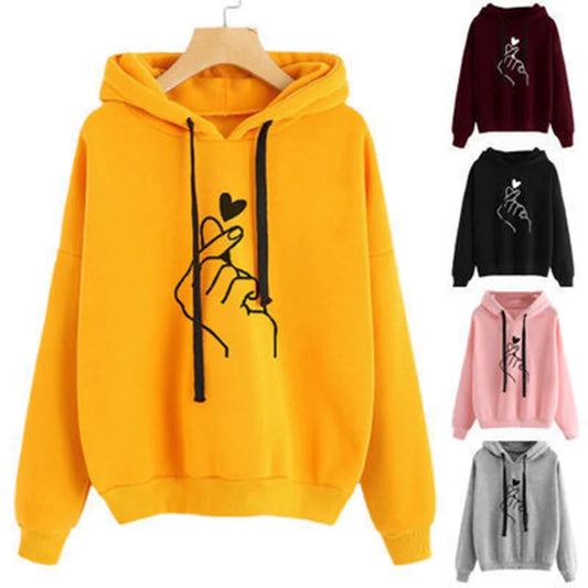 Finger Heart Fleece Hoodie – Korean Style Pullover with Pockets