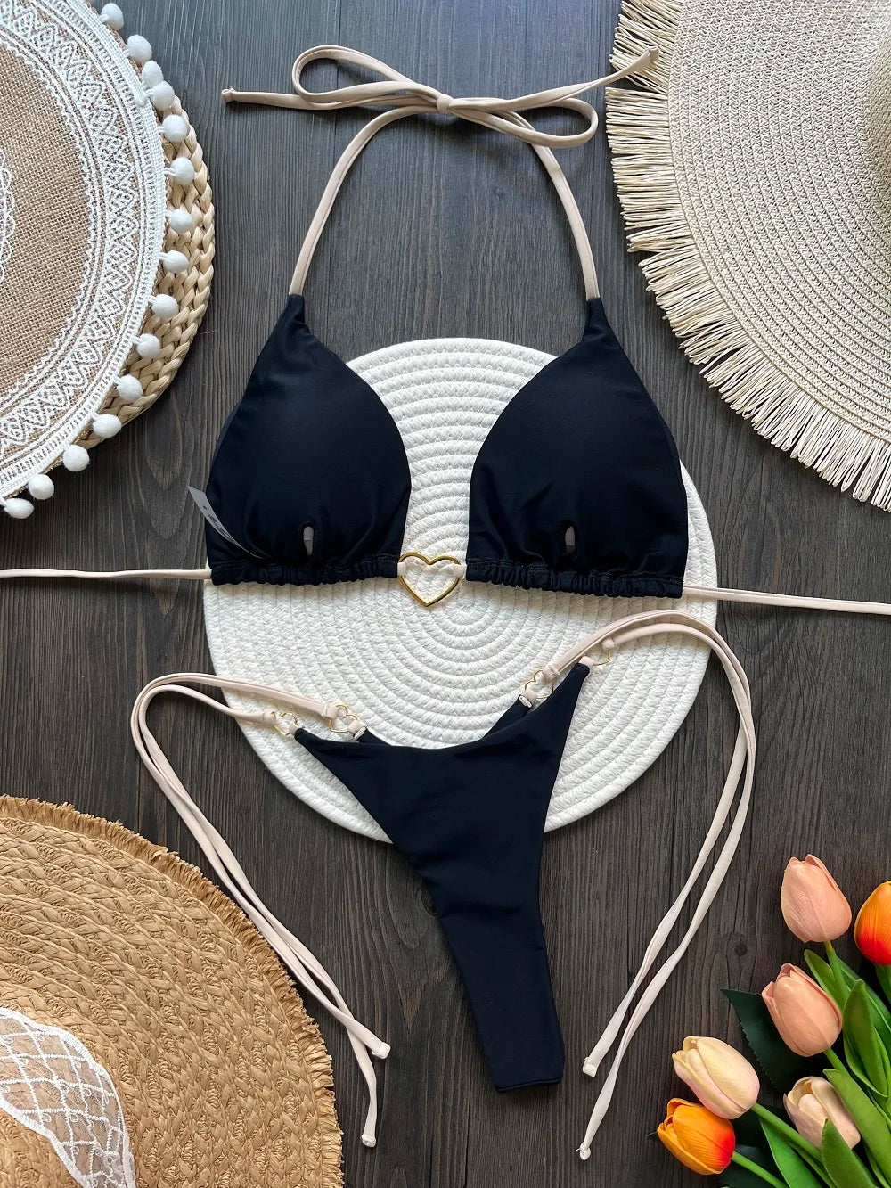 Sexy halter bikini set with Brazilian thong bottoms – women’s two-piece solid color swimwear