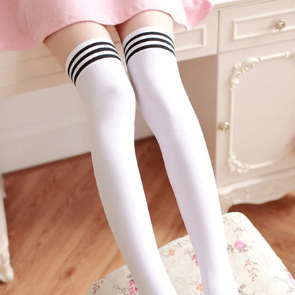 Women’s thigh high striped nylon socks, sexy over-the-knee long stockings, and leg warmers