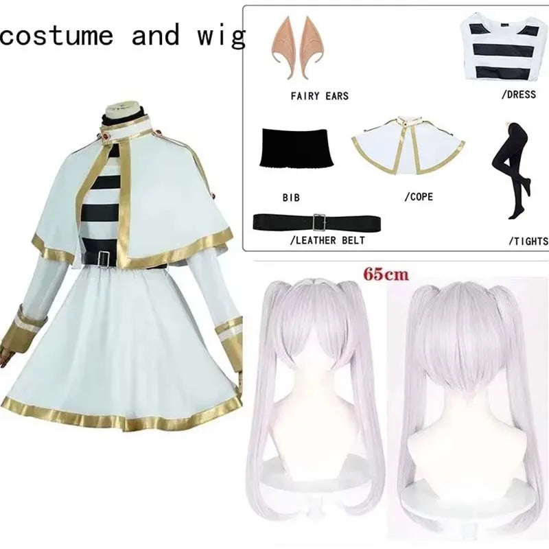Cosplay costume and wig set with labeled components on a white background