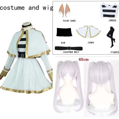 Cosplay costume and wig set with labeled components on a white background