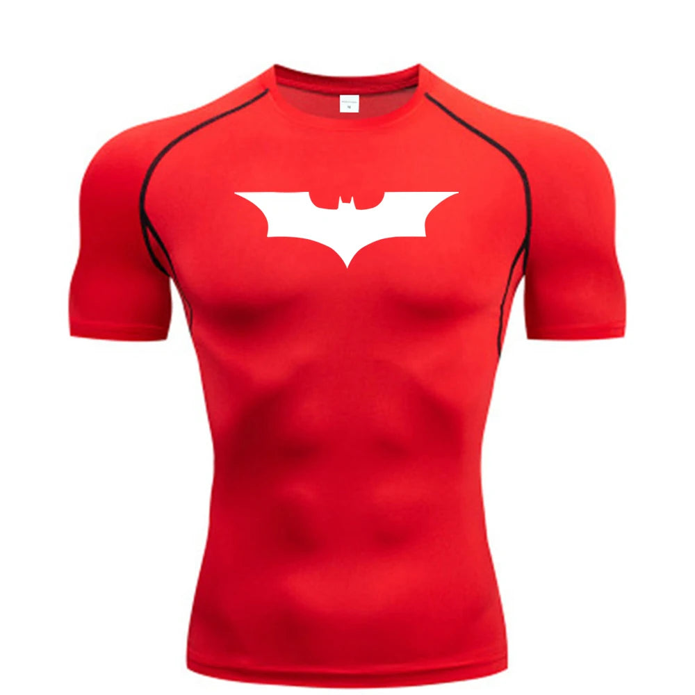 Red athletic shirt with a white bat symbol on a white background