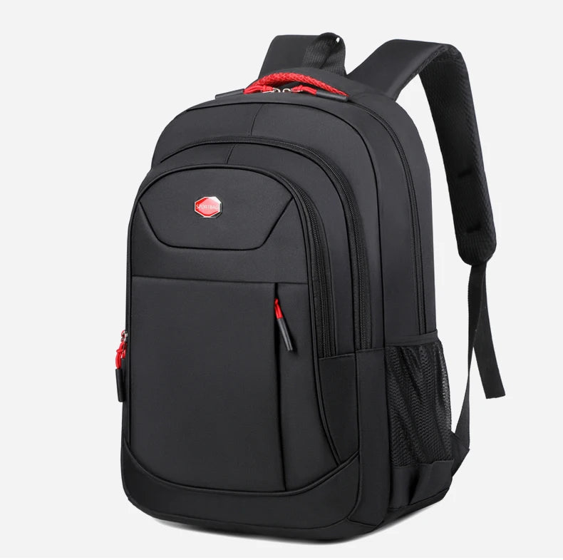 Black backpack with red accents on a white background