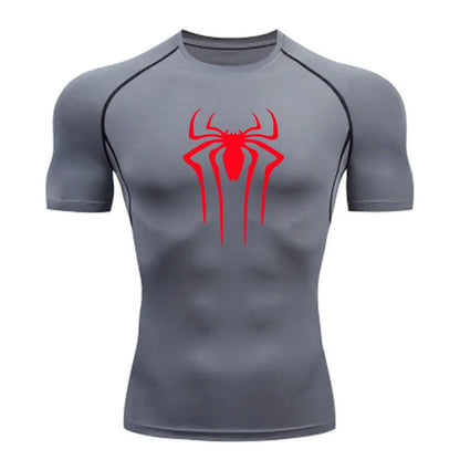 Gray t-shirt with a red spider logo on a white background