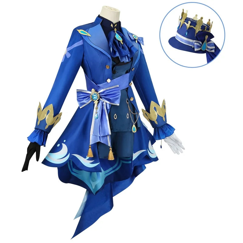 Blue costume with gold accents on a mannequin, including a hat, on a white background.