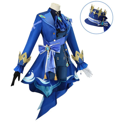 Blue costume with gold accents on a mannequin, including a hat, on a white background.
