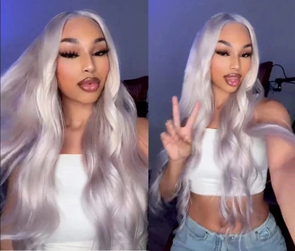 Side-by-side comparison of a woman with long white hair, wearing a white top and blue jeans.